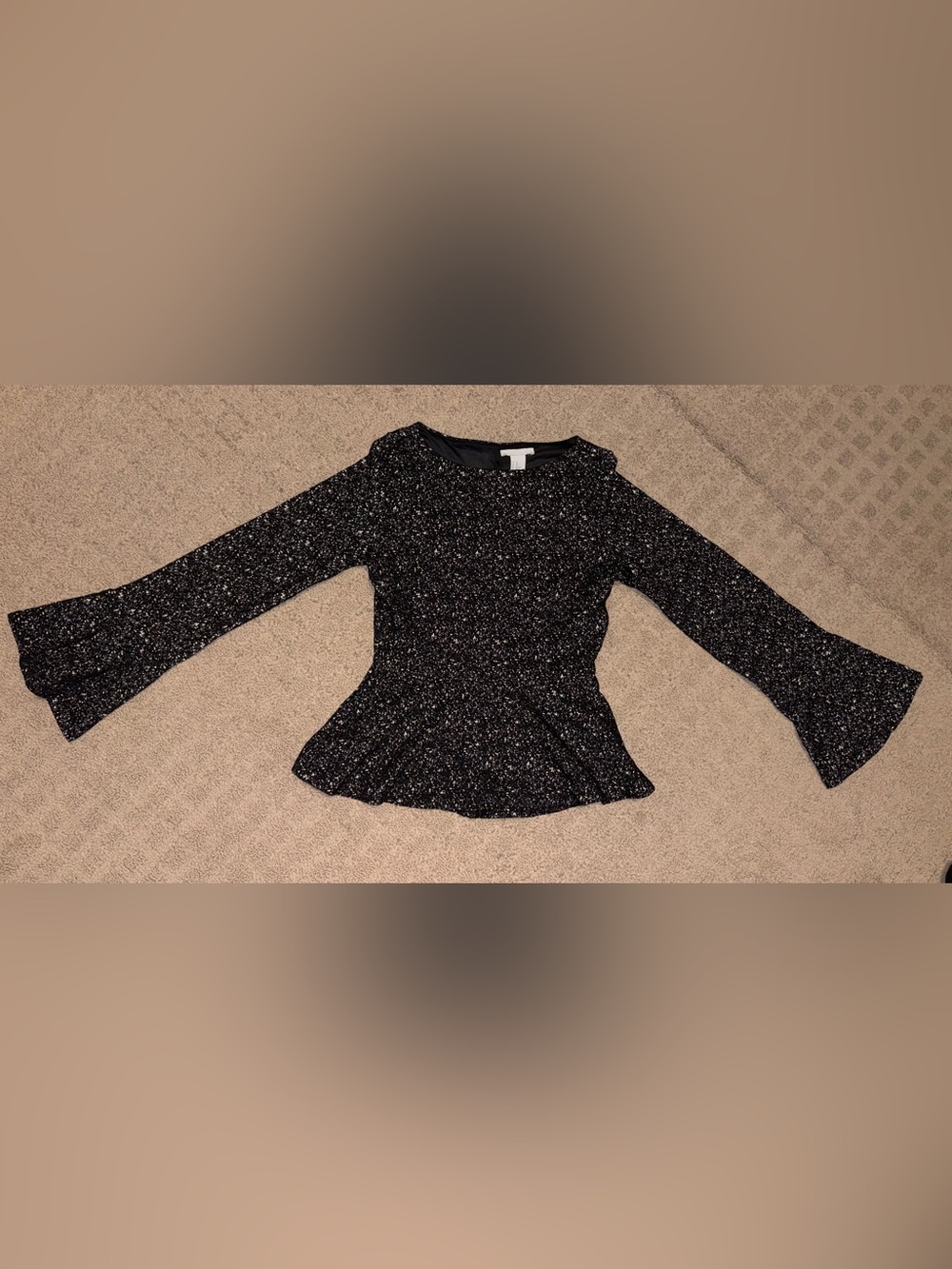 H&M Black White Spotted Peplum Long Sleeve Top, Women’s Size XS